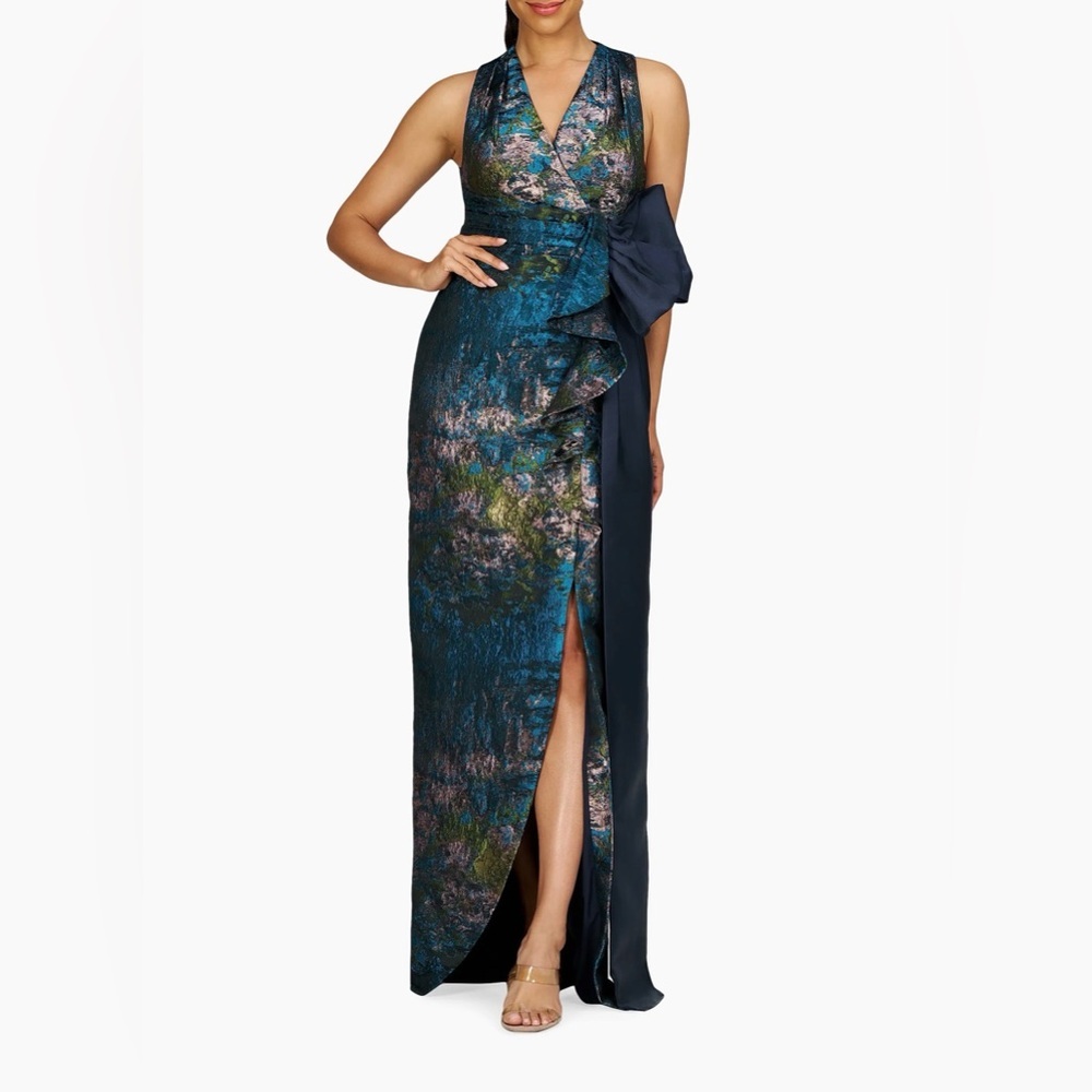 Kay Unger Rachel Jacquard Tie Waist Column Gown